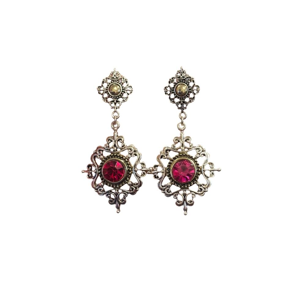 Vintage Victorian Revival Filigree Drop Earrings Red Rhinestone Silver Tone
